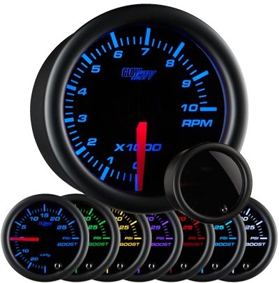 tinted 7 color tachometer, led tachometer gauge, tach gauge, black tack gauge, led tack gauge